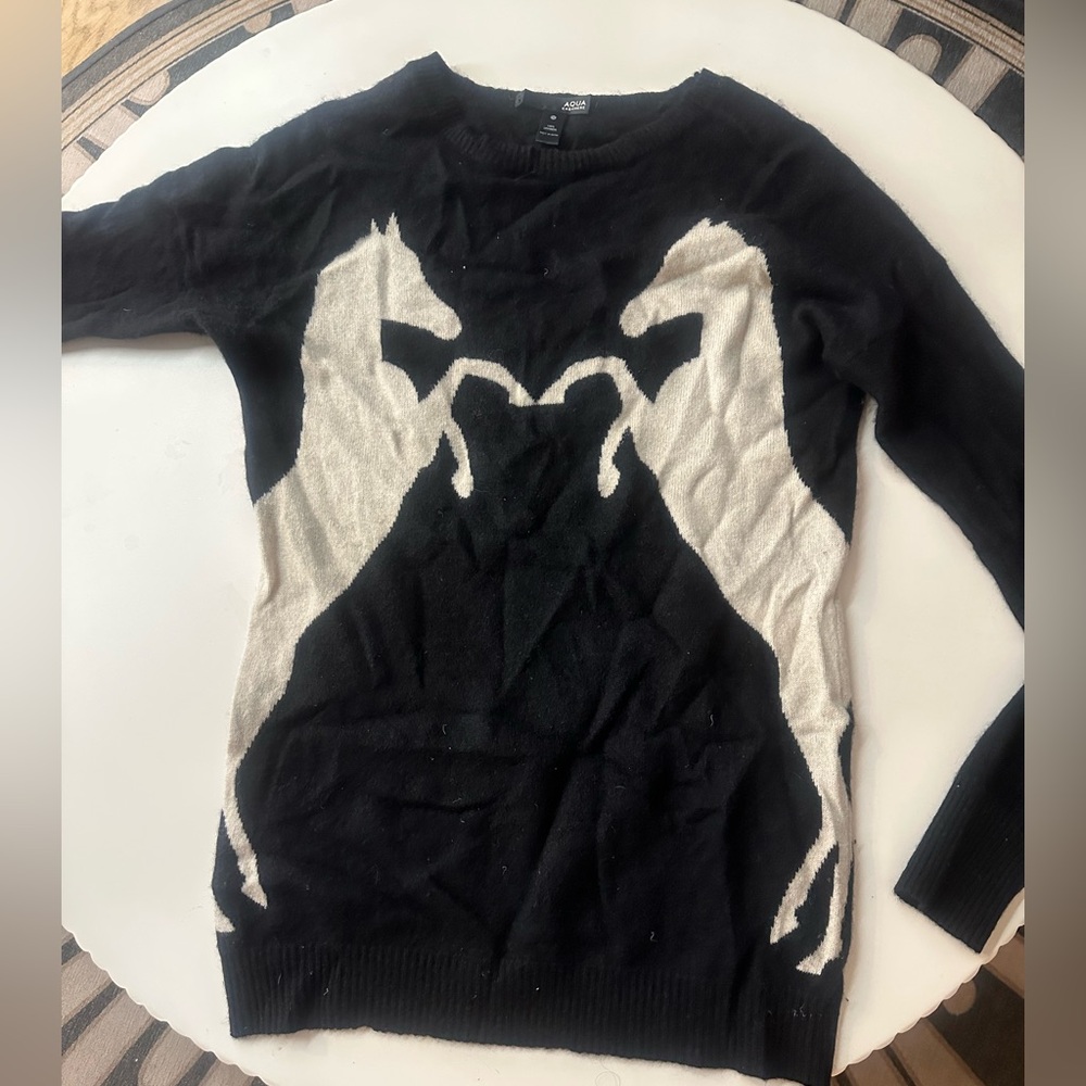 Aqua Cashmere Sweater in Classic Black with horses